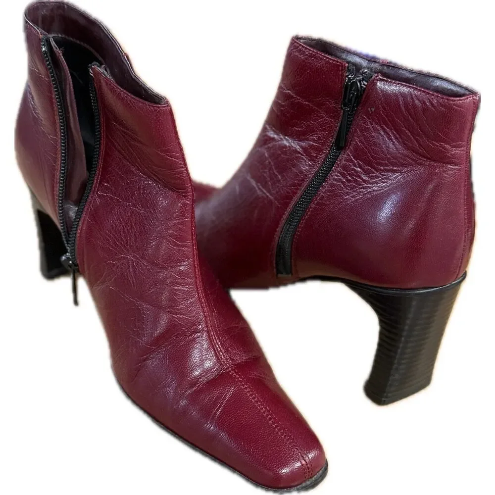 Minozzi Burgundy Leather Ankle Boots with Block Heel | EU 38 | US 7.5-8